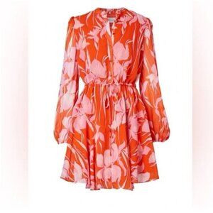 Milly Women’s 8 Reina Parrot Tulip Mini Dress Long Sleeve Coral Pink Lightweight